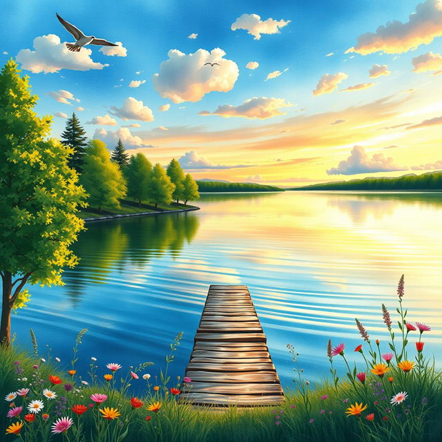 A serene lakeside scene illustrated as a watercolor painting, featuring a calm lake reflecting the colors of the sunset with gentle ripples on the water's surface