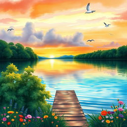 A serene lakeside scene illustrated as a watercolor painting, featuring a calm lake reflecting the colors of the sunset with gentle ripples on the water's surface