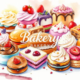 A vibrant watercolor painting depicting a delicious array of desserts for a bakery logo