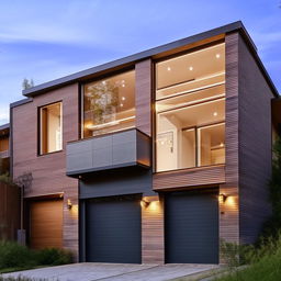 A modern three-story building with a spacious garage situated on the right side. The design incorporates large windows and sophisticated architectural elements.