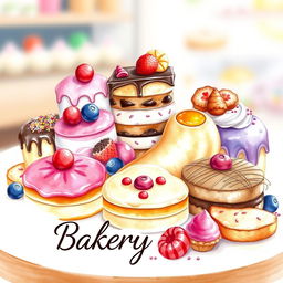 A vibrant watercolor painting depicting a delicious array of desserts for a bakery logo