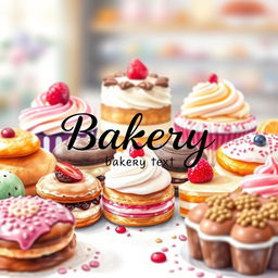 A vibrant watercolor painting depicting a delicious array of desserts for a bakery logo