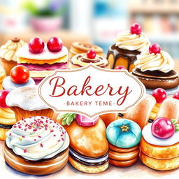 A vibrant watercolor painting depicting a delicious array of desserts for a bakery logo