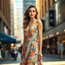 An elegant woman in a glamorous short dress, standing confidently in a stylish urban setting
