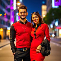 A fashionable couple standing side by side, the man wearing a striking red dress over a fitted black shirt, complemented by stylish accessories