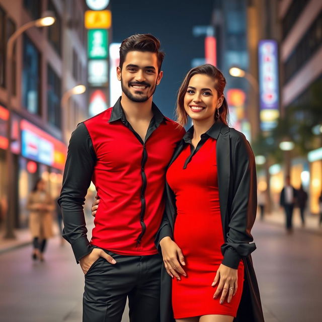 A fashionable couple standing side by side, the man wearing a striking red dress over a fitted black shirt, complemented by stylish accessories