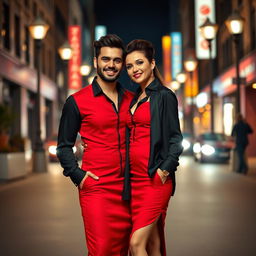 A fashionable couple standing side by side, the man wearing a striking red dress over a fitted black shirt, complemented by stylish accessories