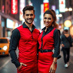 A fashionable couple standing side by side, the man wearing a striking red dress over a fitted black shirt, complemented by stylish accessories