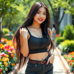 A gorgeous Chinese university student with very large, round breasts, she has an enticing and playful expression
