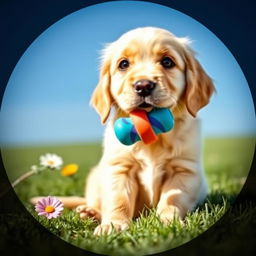A cute small golden retriever puppy sitting on a soft grassy field, with a colorful rubber chew toy in its mouth