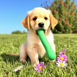 A cute small golden retriever puppy sitting on a soft grassy field, with a colorful rubber chew toy in its mouth