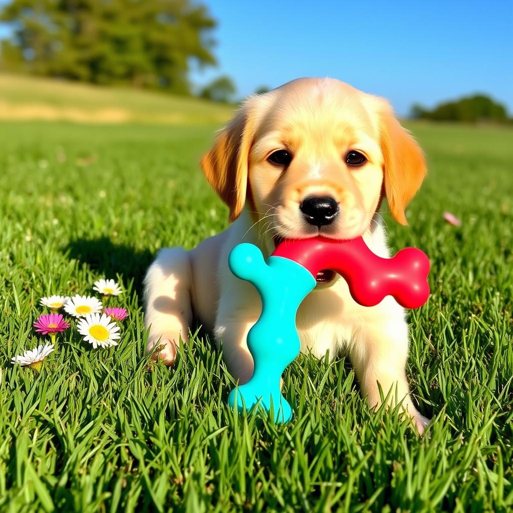 A cute small golden retriever puppy sitting on a soft grassy field, with a colorful rubber chew toy in its mouth