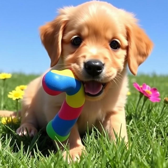 A cute small golden retriever puppy sitting on a soft grassy field, with a colorful rubber chew toy in its mouth