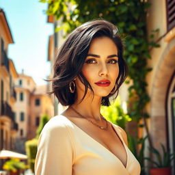 A 39-year-old woman with dark hair and captivating Italian features, fully dressed in fashionable clothing that accentuates her style