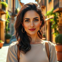 A 39-year-old woman with dark hair and captivating Italian features, fully dressed in fashionable clothing that accentuates her style