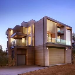 A modern three-story building with a spacious garage situated on the right side. The design incorporates large windows and sophisticated architectural elements.