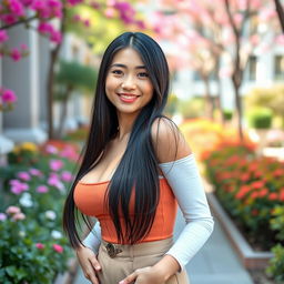 A beautiful Chinese university student with exceptionally large, round breasts, exuding a cheeky and flirtatious vibe