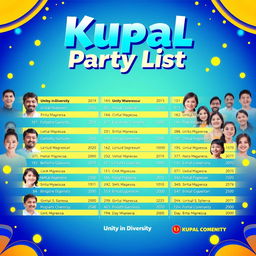 A vibrant and energetic layout for a political party list named 'Kupal Party List'