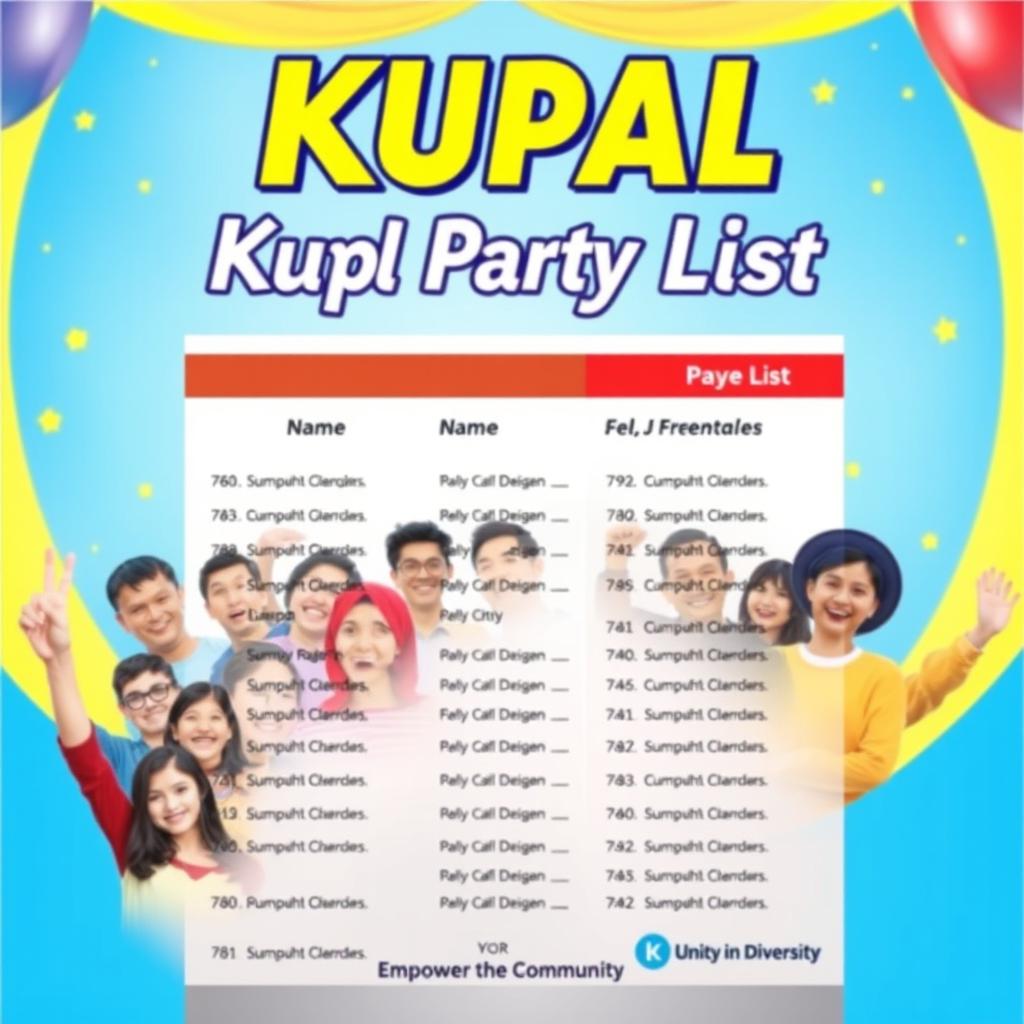A vibrant and energetic layout for a political party list named 'Kupal Party List'
