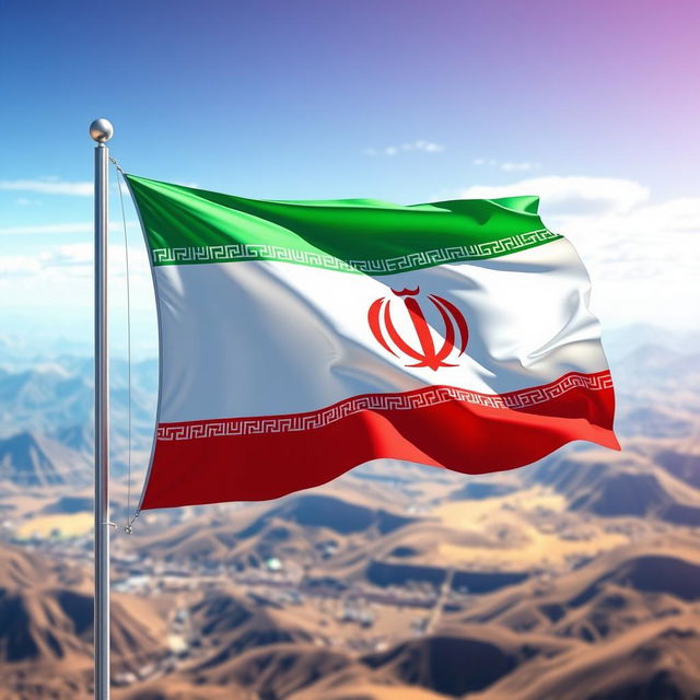 A futuristic interpretation of the Iranian flag in the year 2040, featuring vibrant colors and advanced design elements