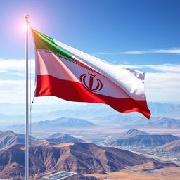 A futuristic interpretation of the Iranian flag in the year 2040, featuring vibrant colors and advanced design elements