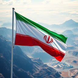 A futuristic interpretation of the Iranian flag in the year 2040, featuring vibrant colors and advanced design elements
