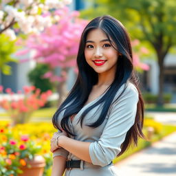 A beautiful Chinese university student with incredibly large, round breasts, showcasing a flirtatious and playful demeanor