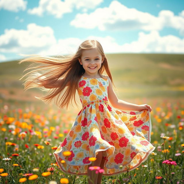 A portrait of a girl with long flowing hair, wearing a bright floral dress, standing in a sunlit meadow filled with colorful wildflowers