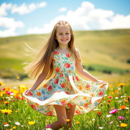A portrait of a girl with long flowing hair, wearing a bright floral dress, standing in a sunlit meadow filled with colorful wildflowers