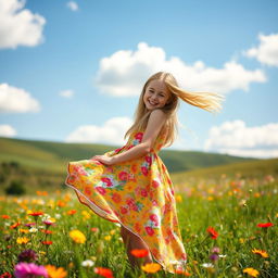 A portrait of a girl with long flowing hair, wearing a bright floral dress, standing in a sunlit meadow filled with colorful wildflowers