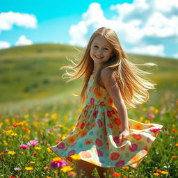 A portrait of a girl with long flowing hair, wearing a bright floral dress, standing in a sunlit meadow filled with colorful wildflowers