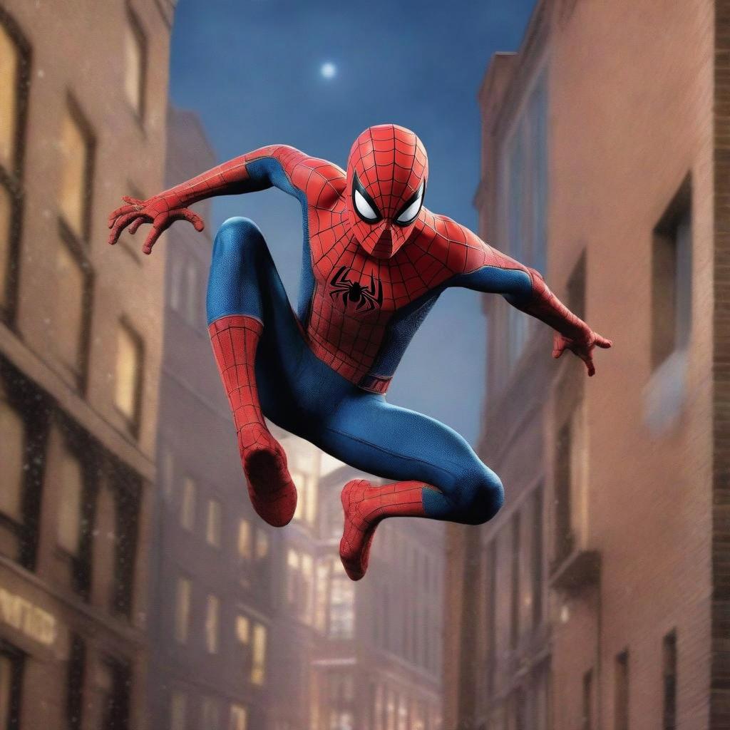 A dynamic, action-packed scene featuring a superhero inspired by classic comic book aesthetics, wearing a detailed red and blue costume with web patterns