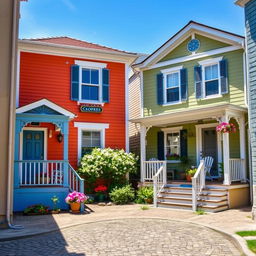 Two houses adjacent to each other in an alley, each with a charming front porch