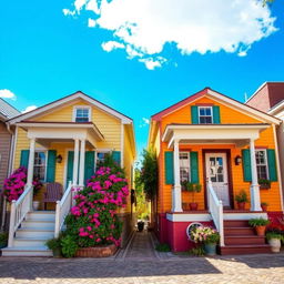 Two houses adjacent to each other in an alley, each with a charming front porch