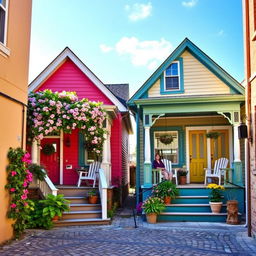 Two houses adjacent to each other in an alley, each with a charming front porch
