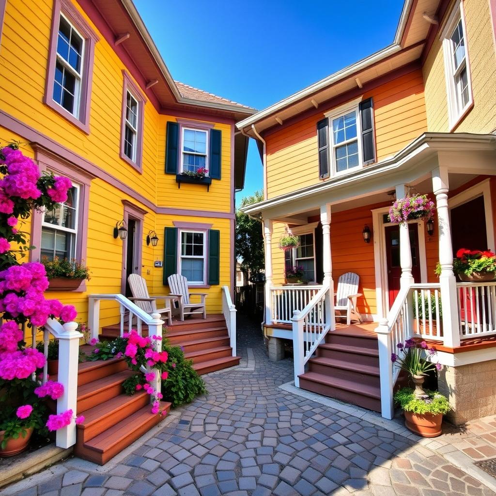 Two houses adjacent to each other in an alley, each with a charming front porch