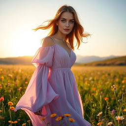 A stunning young woman with flowing auburn hair and bright green eyes, wearing an elegant flowing dress in shades of lavender and lilac
