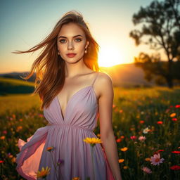 A stunning young woman with flowing auburn hair and bright green eyes, wearing an elegant flowing dress in shades of lavender and lilac