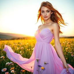 A stunning young woman with flowing auburn hair and bright green eyes, wearing an elegant flowing dress in shades of lavender and lilac