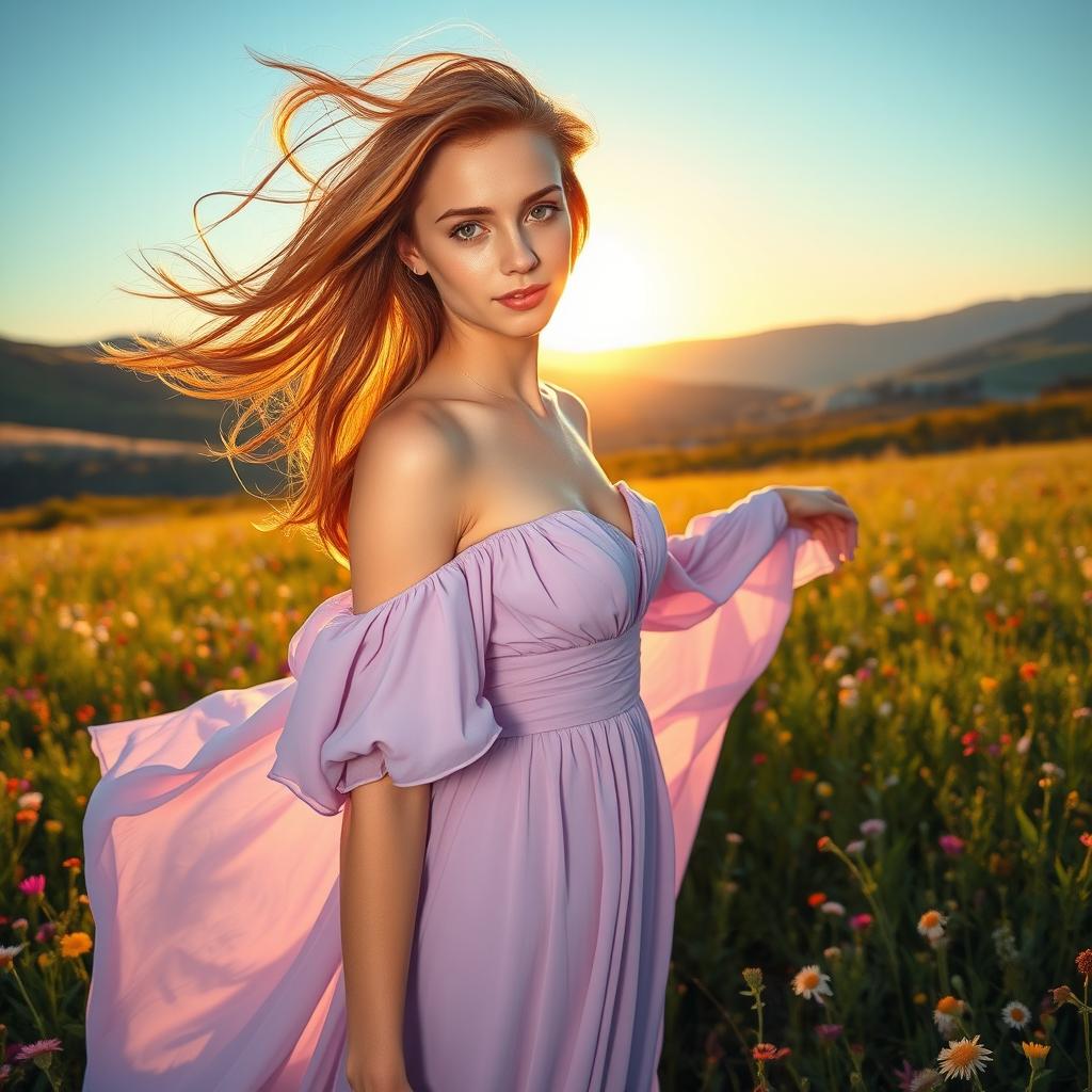 A stunning young woman with flowing auburn hair and bright green eyes, wearing an elegant flowing dress in shades of lavender and lilac