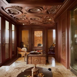 An elegant house designed in a contemporary Indian style with ornate details, rich dark wood finishes, and warm, inviting colors.