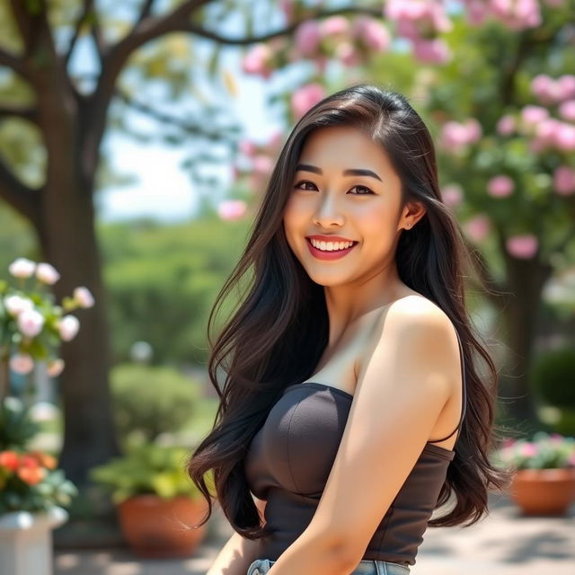 A stunning Chinese university student with strikingly large, round breasts, radiating a playful and flirtatious energy