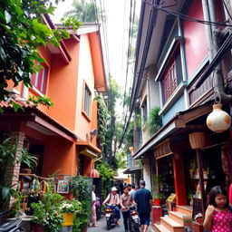 Two houses side by side (right and left) in a densely populated alley typical of a Jakarta village