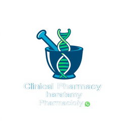 A logo design for a Clinical Pharmacy and Pharmacology department WhatsApp group, featuring a stylized mortar and pestle, representing pharmacy, and a DNA helix intertwined with a medicine capsule symbolizing pharmacology