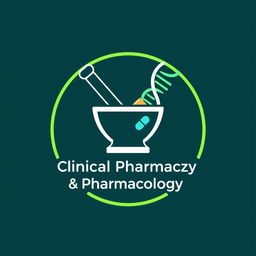 A logo design for a Clinical Pharmacy and Pharmacology department WhatsApp group, featuring a stylized mortar and pestle, representing pharmacy, and a DNA helix intertwined with a medicine capsule symbolizing pharmacology