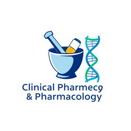 A logo design for a Clinical Pharmacy and Pharmacology department WhatsApp group, featuring a stylized mortar and pestle, representing pharmacy, and a DNA helix intertwined with a medicine capsule symbolizing pharmacology