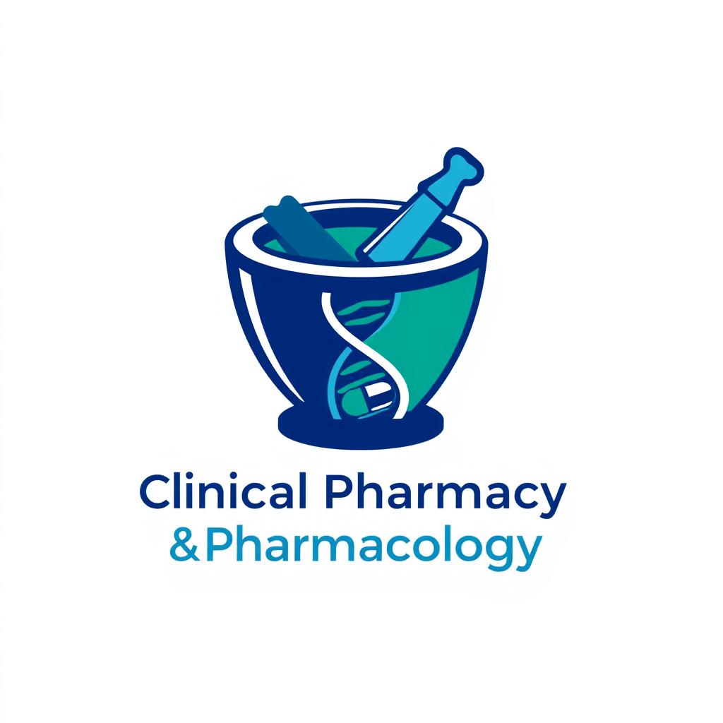 A logo design for a Clinical Pharmacy and Pharmacology department WhatsApp group, featuring a stylized mortar and pestle, representing pharmacy, and a DNA helix intertwined with a medicine capsule symbolizing pharmacology