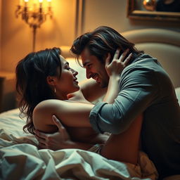 A dynamic and intimate scene showcasing two adults engaged in an intense and passionate moment, highlighting sensual energy and connection