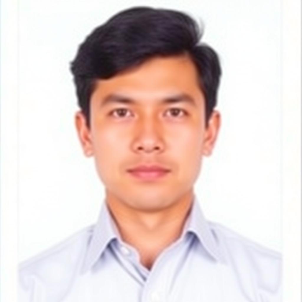 A formal passport photo featuring a person with a neutral expression, well-groomed hair, and wearing a smart, collared shirt