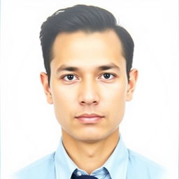 A formal passport photo featuring a person with a neutral expression, well-groomed hair, and wearing a smart, collared shirt